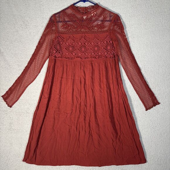 Sundance Mini Dress Womens Size 2 Rust Red Long Sleeve Lace Paneled Crochet Boho - Picture 1 of 14
